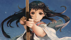 Rule 34 | 10s, 1girl, aiming, aiming at viewer, akagi (kancolle), arrow (projectile), bad id, bad pixiv id, black hair, blurry, bow (weapon), brown eyes, brown hair, depth of field, derivative work, drawing bow, floating hair, holding, holding bow (weapon), holding weapon, japanese clothes, kantai collection, long hair, looking at viewer, serious, solo, upper body, viola (seed), weapon, wet