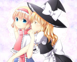 Rule 34 | 2girls, alice margatroid, apron, blonde hair, blue eyes, doily, from behind, from side, hairband, half-closed eyes, hand on another&#039;s cheek, hand on another&#039;s face, hat, hat ribbon, irino, kirisame marisa, multiple girls, necktie, profile, ribbon, short hair, short sleeves, skirt, skirt set, smile, touhou, vest, waist apron, witch hat, yellow eyes, yuri