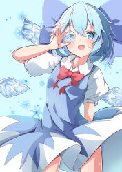 Rule 34 | 1girl, :d, absurdres, blue background, blue bow, blue dress, blue eyes, bow, bowtie, cirno, collared shirt, commentary request, detached wings, dress, hair bow, highres, ice, ice cube, ice wings, looking at viewer, open mouth, red bow, red bowtie, saimu taju, shirt, short sleeves, simple background, smile, snowflakes, touhou, white shirt, wings