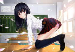 Rule 34 | 1girl, all fours, black hair, black thighhighs, blush, board, classroom, curtains, desk, female focus, highres, indoors, loafers, long hair, looking at viewer, on desk, open mouth, original, oshou, panties, pantyshot, petals, pink panties, plaid, plaid skirt, red eyes, school, school desk, school uniform, shoes, skirt, solo, table, thighhighs, underwear, upskirt, window