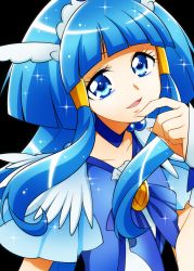 Rule 34 | 10s, 1girl, aoki reika, bad id, bad pixiv id, black background, blue bow, blue eyes, blue hair, bow, brooch, choker, cure beauty, hair tubes, head wings, jewelry, long hair, looking at viewer, magical girl, matching hair/eyes, precure, senmu (0107), sidelocks, smile, smile precure!, solo, sparkle, tiara, upper body, wings, wrist cuffs
