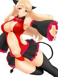 Rule 34 | 1girl, bare shoulders, belt, black thighhighs, blonde hair, bow, breasts, cleavage, curvy, demon girl, demon tail, detached sleeves, earrings, heart, horns, jewelry, large breasts, leotard, long hair, looking at viewer, marukakisuto, navel, original, pointy ears, red eyes, smile, solo, tail, thick thighs, thighhighs, thighs, wide hips