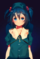 Rule 34 | 1girl, backpack, bag, blue eyes, blue hair, hair bobbles, hair ornament, hat, highres, kawashiro nitori, key, looking at viewer, matching hair/eyes, shirt, solo, tian (my dear), touhou, twintails, two side up, upper body