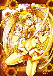 Rule 34 | 10s, 1girl, blonde hair, bow, brooch, cure sunshine, eyelashes, floral background, hair ribbon, heart, heart brooch, heartcatch precure!, long hair, magical girl, midriff, myoudouin itsuki, myu-kimera, navel, orange background, orange bow, orange skirt, orange theme, precure, ribbon, skirt, solo, traditional media, twintails, yellow eyes