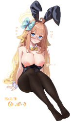 Rule 34 | 1girl, absurdres, ahoge, alternate costume, animal ears, black leotard, black pantyhose, blue archive, blue eyes, blush, bow, breasts, cleavage, closed mouth, detached collar, fake animal ears, flying sweatdrops, full body, glasses, halo, highres, large breasts, leotard, long hair, looking at viewer, orange hair, pantyhose, playboy bunny, rabbit ears, shimiko (blue archive), simple background, solo, strapless, strapless leotard, tansui san (tcjp4784), white background, yellow bow