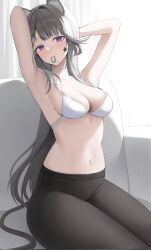 Rule 34 | 1girl, animal ears, armpits, arms up, bare arms, bare shoulders, bikini, black pants, breasts, cleavage, collarbone, facial mark, genshin impact, grey hair, hair tie in mouth, highres, long hair, looking at viewer, lynette (genshin impact), medium breasts, mouth hold, navel, o cha (seyc3447), pants, purple eyes, sitting, solo, star (symbol), star facial mark, stomach, swimsuit, thighs, tying hair, white bikini