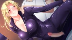 Rule 34 | 1boy, 1girl, blonde hair, blush, breasts, censored, cleavage, closed mouth, game cg, groin, hetero, indoors, kaneshiro wataru, large breasts, latex, latex suit, legs, long hair, looking back, massage, mosaic censoring, natasha shojovich, original, outstretched arms, penis, red eyes, shiny clothes, shirt, sitting, sitting on person, smile, soku iki bishonure athlete!, solo focus, spread arms, swept bangs, thighs, unzipped, white shirt