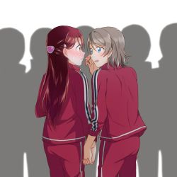 Rule 34 | 2girls, blue eyes, blush, eye contact, from behind, grey hair, hair ornament, hairclip, half updo, hand to own mouth, highres, holding hands, jacket, long hair, long sleeves, looking at another, love live!, love live! sunshine!!, multiple girls, pants, red jacket, red pants, red track suit, sakurauchi riko, short hair, track jacket, track pants, track suit, watanabe you, yellow eyes, yuchi (salmon-1000), yuri