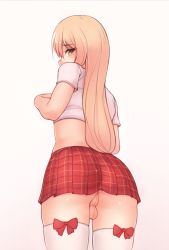 Rule 34 | 1boy, blonde hair, bluefield, blush, crossdressing, green eyes, highres, long hair, looking at viewer, looking back, male focus, midriff, no panties, original, perineum, ribbon, shiny skin, simple background, skirt, solo, testicles, thighhighs, trap, white thighhighs
