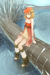 Rule 34 | 1girl, arm support, bare shoulders, blonde hair, boots, breasts, cable, cleavage, grey eyes, habuki, hat, knee boots, pixiv, pixiv-tan, reflection, short hair, sitting, solo, tree, water