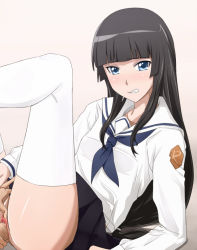 Rule 34 | 10s, 1boy, 1girl, arm support, bad id, bad pixiv id, ben-tou, black hair, blue eyes, blush, censored, clenched teeth, clothed sex, hetero, hime cut, ichihisa, legs up, long hair, long legs, looking at viewer, lying, penis, pussy, school uniform, serafuku, sex, shiraume ume, solo focus, teeth, thighhighs, vaginal, white thighhighs