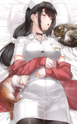 Rule 34 | 1girl, absurdres, animal, bed sheet, black choker, black hair, black pantyhose, blush, breasts, cardigan, cat, choker, closed eyes, commentary, english commentary, fingernails, hair ornament, hair scrunchie, hands on own stomach, hat, highres, id card, kfr, long hair, long sleeves, low-tied long hair, low ponytail, medium breasts, nurse, nurse cap, off shoulder, open cardigan, open clothes, open mouth, original, pantyhose, photoshop (medium), pillow, red cardigan, scrunchie, sleeping, solo