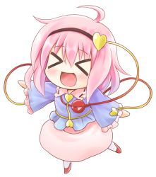 Rule 34 | &gt; &lt;, 1girl, blush, chibi, closed eyes, full body, hairband, heart, highres, komeiji satori, long sleeves, nichika (nitikapo), open mouth, outstretched arms, pink hair, shirt, skirt, smile, solo, standing, standing on one leg, third eye, touhou, transparent background, white background, wide sleeves