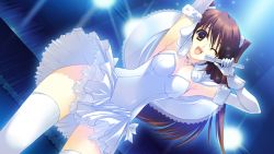 Rule 34 | 10s, 1girl, ;d, arm up, armpits, breasts, brown eyes, brown hair, capelet, cleavage, clothes lift, dress, dress lift, dutch angle, female focus, from below, game cg, gloves, holding, holding microphone, jewelry, legs, long hair, medium breasts, microphone, music, necklace, ogiso setsuna, one eye closed, open mouth, singing, smile, solo, strapless, strapless dress, two side up, white album (series), white album 2, white dress, white gloves, wink