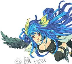 Rule 34 | 1girl, arc system works, asymmetrical wings, blue hair, breasts, cleavage, dizzy (guilty gear), guilty gear, oekaki, open mouth, red eyes, ribbon, solo, tail, tail ornament, tail ribbon, thighhighs, wings