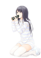 Rule 34 | 1girl, black hair, brown eyes, coffee-kizoku, commentary request, eating, ehoumaki, food, food in mouth, highres, holding, holding food, hood, hoodie, long hair, long sleeves, makizushi, original, shiramine rika, simple background, sitting, solo, striped clothes, striped hoodie, sushi, thighhighs, white background, white thighhighs