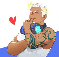 Rule 34 | 1boy, bara, closed mouth, dark-skinned male, dark skin, indie virtual youtuber, itto (mentaiko), looking at viewer, male focus, mature male, muscular, muscular male, short hair, shoulder tattoo, smile, solo, tank top, tattoo, virtual youtuber, white hair, white tank top, yellow eyes