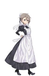 Rule 34 | 1girl, ange (princess principal), apron, black footwear, black legwear, blue eyes, braid, full body, hat, highres, looking at viewer, maid, maid apron, official art, princess principal, princess principal game of mission, shoes, smile, solo, standing, transparent background, white hat