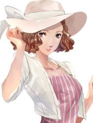 Rule 34 | 1girl, arm up, belt, bow, breasts, brown eyes, brown hair, collarbone, curly hair, dress, hat, highres, jacket, lips, looking at viewer, medium breasts, medium hair, okumura haru, parted lips, persona, persona 5, persona 5 scramble: the phantom strikers, pertex 777, pink dress, shirt, short hair, simple background, sky, solo, striped clothes, striped dress, sun hat, white background, white bow, white hat, white jacket