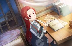 Rule 34 | 1girl, book, closed mouth, dutch angle, frown, game cg, grey jacket, grey skirt, hair intakes, holding, indoors, jacket, lens flare, long hair, long sleeves, miniskirt, red eyes, red hair, school uniform, sitting, skirt, solo, straight hair, sword art online, sword art online: alicization, sword mastery academy school uniform, tiese schtrinen, very long hair, wing collar, wooden floor