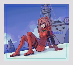 Rule 34 | 1girl, absurdres, arm support, artist request, ass, battleship, blue eyes, bodysuit, breasts, full body, hair ornament, highres, long hair, looking at viewer, military, military vehicle, neon genesis evangelion, ocean, plugsuit, shiny clothes, ship, sitting, solo, souryuu asuka langley, spread legs, two side up, warship, watercraft, white background