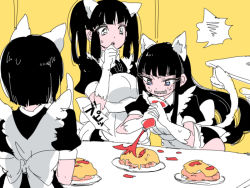 Rule 34 | 3girls, aano (10bit), anger vein, animal ears, apron, black hair, blue theme, cat ears, cat tail, clenched teeth, fake animal ears, fake tail, food, ketchup, maid, maid apron, multiple girls, naishi-chan, omelet, omurice, open mouth, original, sharp teeth, short hair, sweatdrop, tail, teeth, twintails, white background