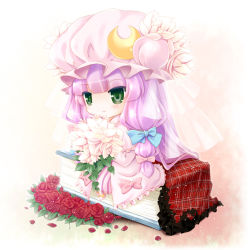 Rule 34 | 1girl, blush, book, bouquet, bow, chibi, crescent, crescent moon, female focus, flower, green eyes, hair bow, hat, long hair, mini person, minigirl, moon, patchouli knowledge, petals, purple hair, red flower, red rose, rose, sitting, smile, solo, touhou, tsukasaki aoi, veil