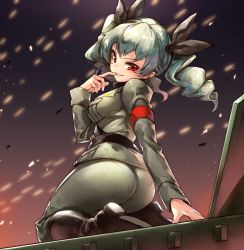 Rule 34 | &gt;:d, 10s, 1girl, :d, anchovy (girls und panzer), armlet, ass, belt, blush, boots, breasts, brown footwear, car, crease, drill hair, evil grin, evil smile, finger to mouth, girls und panzer, grey jacket, grey pants, grin, highres, jacket, knee boots, long sleeves, looking at viewer, looking back, medium breasts, military, military uniform, motor vehicle, neo-masterpeacer, on vehicle, open mouth, panties under pants, pants, pants tucked in, pantylines, parted lips, pocket, red eyes, scan, seiza, shoe soles, short hair, silver hair, sitting, skin tight, sleeves rolled up, smile, solo, twin drills, uniform, v-shaped eyebrows, vehicle