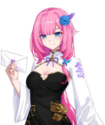 Rule 34 | 1girl, absurdres, aill09, black dress, blue eyes, blue flower, blue rose, breasts, butterfly hair ornament, china dress, chinese clothes, cleavage, closed mouth, dress, elf, elysia (honkai impact), elysia (miss pink elf) (honkai impact), flower, hair between eyes, hair flower, hair ornament, highres, holding, holding letter, honkai (series), honkai impact 3rd, letter, long hair, looking at viewer, pink hair, pink pupils, pointy ears, rose, smile, solo, very long hair, white background