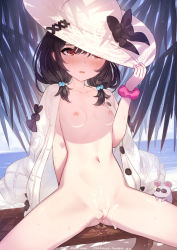 Rule 34 | 1girl, @ @, arm behind back, bar censor, black bow, black hair, blush, bow, breasts, censored, cleft of venus, cum, cum on pussy, granblue fantasy, hair between eyes, hair bobbles, hair ornament, hand on headwear, hat, hat bow, highres, jacket, jacket on shoulders, long hair, low twintails, mouse (animal), navel, nipples, nude, parted lips, pussy, pussy juice, red eyes, scrunchie, short twintails, sitting, small breasts, solo, spread legs, stomach, sun hat, twintails, vikala (granblue fantasy), white hat, white jacket, wrist scrunchie, yellowpaint.