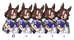 Rule 34 | 1girl, absurdres, anger vein, angry, animal ears, bow, bowtie, brown eyes, brown hair, closed eyes, enoki art, hair over one eye, hand on own hip, highres, horse ears, horse girl, multiple views, open mouth, purple bow, purple bowtie, purple shirt, school uniform, shirt, simple background, skirt, tracen school uniform, umamusume, vodka (umamusume), white background, white skirt