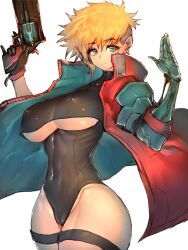 Rule 34 | 1girl, agl arms .45 long colt, arms up, blonde hair, break-action revolver, breasts, clothing cutout, coat, covered erect nipples, cowboy shot, earrings, fumio (rsqkr), genderswap, genderswap (mtf), gloves, green eyes, gun, handgun, high collar, highleg, highleg leotard, highres, holding, holding gun, holding weapon, jewelry, large breasts, leotard, looking at viewer, low bore axis revolver, mechanical arms, mole, mole under eye, red coat, revolver, short hair, single glove, single mechanical arm, solo, thigh strap, trigun, trigun stampede, underboob, underboob cutout, undercut, vash the stampede, weapon, white background