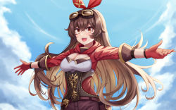 Rule 34 | 1girl, :d, absurdres, amber (genshin impact), bow, brown eyes, brown hair, gauntlets, genshin impact, gloves, goggles, goggles on head, highres, long hair, looking at viewer, open mouth, outstretched arms, smile, solo, spread arms, standing, very long hair, wallpaper
