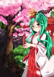Rule 34 | 1girl, blurry, cherry blossoms, commentary request, depth of field, green eyes, green hair, hair between eyes, hair ornament, hair ribbon, hairclip, highres, japanese clothes, kantai collection, long hair, looking at viewer, miko, petals, ribbon, siroimo0828, solo, tree, yamakaze (kancolle)