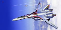 Rule 34 | aircraft, airplane, asterozoa, canopy (aircraft), cloud, copyright name, fighter jet, flying, highres, jet, logo, macross, macross frontier, mecha, military, military vehicle, no humans, robot, sky, solo focus, thrusters, vehicle focus, vf-25
