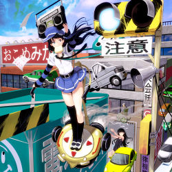 Rule 34 | 1girl, asymmetrical legwear, bad id, bad pixiv id, bag, belt, black hair, black socks, blue eyes, boombox, bread slice, car, city, cloud, day, earth (planet), flying, food, food in mouth, hat, kneehighs, kouno (masao), legs together, long hair, looking at viewer, mary janes, mismatched legwear, motor vehicle, mouth hold, necktie, object on head, original, outdoors, planet, pleated skirt, radio, rickshaw, shoes, shoulder bag, single kneehigh, single sock, single thighhigh, skirt, sky, socks, striped, test paper, thighhighs, three-wheeler, toast, toast in mouth, traffic light, truck, tuk-tuk, uneven legwear, uwabaki, vehicle, wheelchair