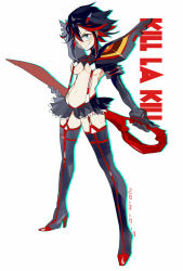Rule 34 | 10s, 1girl, bad id, bad pixiv id, boots, breasts, full body, kill la kill, living clothes, matoi ryuuko, multicolored hair, navel, px2011, revealing clothes, scissor blade (kill la kill), senketsu, short hair, simple background, smile, solo, suspenders, sword, thigh boots, thighhighs, two-tone hair, underboob, weapon, white background