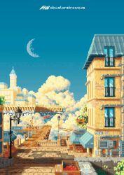 Rule 34 | abueloretrowave, animated, animated gif, aqua sky, boat, box, city, cloud, day, flag, floating city, highres, house, lamppost, looping animation, moon, no humans, original, outdoors, paper, pixel art, scenery, shop, sky, sunset, tree, village, watercraft
