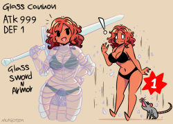 Rule 34 | 1girl, :d, animal, armor, bikini, black bikini, black eyes, breasts, cleavage, colored skin, english text, freckles, glass, hand on own hip, highres, holding, holding sword, holding weapon, looking at viewer, mouse (animal), multiple views, murgoten, navel, open mouth, orange hair, orange skin, original, smile, swimsuit, sword, weapon