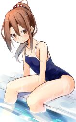 Rule 34 | 1girl, alternate costume, bare shoulders, blue one-piece swimsuit, blush, brown eyes, brown hair, collarbone, hair ornament, hair scrunchie, head tilt, highres, kantai collection, long hair, looking at viewer, one-piece swimsuit, partially submerged, school swimsuit, scrunchie, sitting, smile, solo, swimsuit, zarashi, zuihou (kancolle)