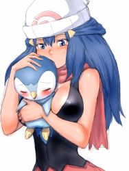 Rule 34 | 1girl, between breasts, blue eyes, blue hair, blush, breasts, creatures (company), dawn (pokemon), fumio (rsqkr), game freak, gen 4 pokemon, hat, kiss, large breasts, lips, long hair, nintendo, piplup, pokemon, pokemon (creature), red scarf, scarf