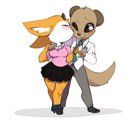 Rule 34 | aggressive retsuko, blush, boots, clothes pull, couple, closed eyes, furry, furry female, furry male, furry with furry, highres, holding hands, horns, kissing cheek, komiya (aggretsuko), necktie, pen, punipaws, simple background, skirt, tail, tsunoda (aggretsuko)