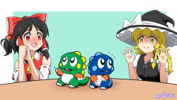 Rule 34 | 2girls, :d, arms up, ascot, bare shoulders, black hair, black headwear, black vest, blonde hair, blouse, blue background, blush, bob (bubble bobble), bow, braid, bub (bubble bobble), bubble bobble, commentary, commission, creature, crossover, detached sleeves, english commentary, flying sweatdrops, hair bow, hair ribbon, hair tubes, hakurei reimu, hands on own face, hat, kirisame marisa, long hair, multiple girls, open mouth, own hands together, puffy short sleeves, puffy sleeves, rakkidei, red eyes, red vest, ribbon, ribbon-trimmed sleeves, ribbon trim, shirt, short hair, short ponytail, short sleeves, sidelocks, simple background, single braid, smile, taito, touhou, tress ribbon, twitter username, upper body, vest, white shirt, witch hat, yellow ascot, yellow eyes