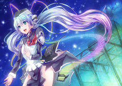 Rule 34 | 10s, 1girl, absurdres, black hair, blue hair, green eyes, hair ribbon, hand on another&#039;s chest, hand on own chest, happy, hat, highres, hoshino yumemi, key (company), long hair, necktie, night, no panties, open mouth, planetarian, ribbon, shimaji, sketch, skirt, skirt flip, sky, smile, solo, star (sky), star (symbol), starry sky, twintails, very long hair