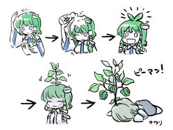 Rule 34 | 1girl, alcohol, bell pepper, blue eyes, blush stickers, detached sleeves, female focus, frog hair ornament, green hair, hair ornament, hair tubes, highres, itatatata, kochiya sanae, lying, multiple views, on stomach, one eye closed, pale color, pepper, sake, short hair with long locks, simple background, snake hair ornament, sprout, touhou, translation request, white background