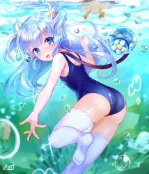 Rule 34 | 1girl, :o, ass, baikamo (flower knight girl), bird, blue eyes, blue hair, blue one-piece swimsuit, blue theme, bubble, flower, flower knight girl, hair flower, hair ornament, highres, long hair, looking at viewer, one-piece swimsuit, open mouth, outstretched hand, piyoyanagi, school swimsuit, signature, solo, swimsuit, thighhighs, two side up, underwater, white thighhighs