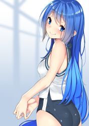 Rule 34 | 10s, 1girl, ass, bare arms, bare shoulders, black one-piece swimsuit, blue eyes, blue hair, blurry, blurry background, blush, breasts, cowboy shot, crop top, eyelashes, fingers together, from side, highres, kantai collection, long hair, looking at viewer, looking to the side, nebusoku, one-piece swimsuit, sailor collar, samidare (kancolle), shiny skin, shirt, sleeveless, small breasts, solo, swimsuit, swimsuit under clothes, very long hair, water, water drop, wet, wet clothes, wet shirt, wet swimsuit