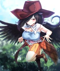 Rule 34 | 1girl, animal ears, bandana, bare arms, bare shoulders, black hair, black wings, blue shirt, blush, boots, breasts, brown hat, cleavage, cowboy boots, cowboy hat, dress, feathered wings, flying, frilled dress, frills, hat, highres, horse ears, horse girl, kurokoma saki, large breasts, long hair, looking at viewer, pegasus wings, ponytail, red eyes, shirt, skirt, smile, solo, sunnysideup, touhou, white bandana, wings