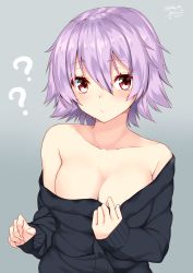 Rule 34 | 10s, 1girl, 2016, ?, bare shoulders, black shirt, blush, breasts, buttons, cleavage, clothes pull, collarbone, dated, grey background, hair between eyes, highres, kantai collection, long sleeves, looking at viewer, medium breasts, nebusoku, no bra, off-shoulder, off-shoulder sweater, off shoulder, pink hair, pulled by self, red eyes, shirt, short hair, signature, simple background, sleeves past wrists, solo, sweater, tama (kancolle), twitter username, undressing, upper body