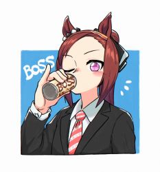 Rule 34 | 1girl, animal ears, appleq, black jacket, blush, boss coffee, brown hair, can, canned coffee, collared shirt, drink can, drinking, hairband, hand up, highres, horse ears, jacket, long hair, looking at viewer, necktie, notice lines, one eye closed, pink eyes, pinky out, ponytail, sakura bakushin o (umamusume), shirt, solo, striped necktie, suntory, umamusume, upper body, white shirt